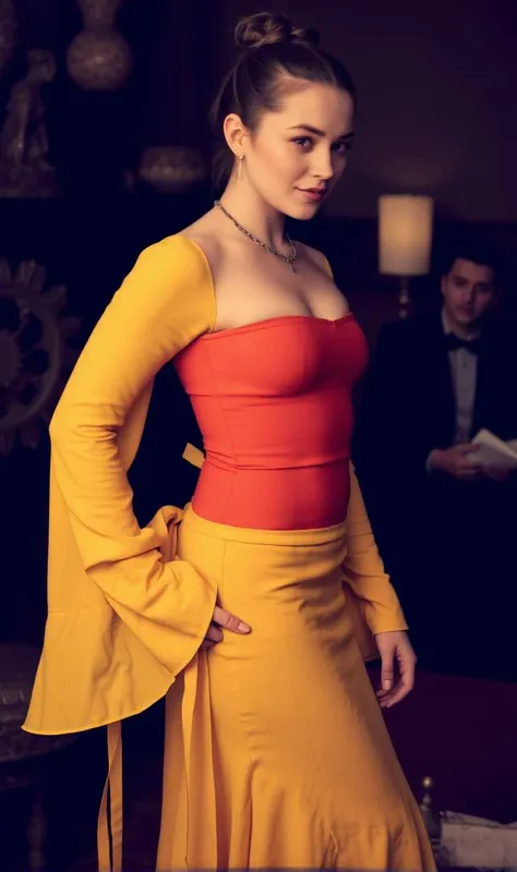 A desirable 28 year old woman. named Michaela Aydelott.,She has brown top knot hairstyle. . She has a fresh and dewy makeup. She has a light smile and raised eyebrows. ,(She is showing off her ass.:1.1) She is wearing naples yellow constricting full body clothing, square neck, voile, bell sleeves, floor-length, high waist, mermaid skirt, slit details,,ribbons,,tinted wash,,zipper fly,,illustration,hi-lo hem.,obscure,checkout lines,waste byproduct,Gloomy,challenging terrain,engaging,archaic,unthinkable,celebratory. profile shot. Lighting - firelight, the flickering glow of a fireplace, bringing intimacy and warmth to the setting. beach, buoy,ramp,sea anemone. She weaving spells into fabric, creating enchanted garments and cloaks.,((photographed by Harperâs Bazaar)),bokeh,,