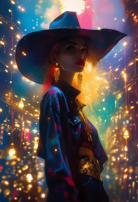 score_9, score_8_up, score_8_up, ((Cinematic composition)),((masterpiece)), (resplendent highlighting), 8k.
1girl, (full body, facing camera, from low to the ground). beautiful Lebanese Chinese model (glowing skull make up) on walks under a pool with a glass bottom. (Dressed as a cowgirl for Halloween, exposed midriff), short vest, cowboy hat and boots. Low waisted jeans((full body)) long naturally wavy black hair caught up by the wind. (resplendent highlighting of her face). Charcoal and colourful oil pastels. impressionistic bidimensional.
faded watercolours (Klimt :1.2) dadaistic collage (by Bill Sienkiewicz:1.5), strikingly alluring face. brilliant spotlight effect. A splash of paint explodes out of her chest. Vibrant thick dripping paint. Intense detail, realistic, dynamic shadows and contrasts.
surreal, intense colors, liquid, unreal parts, alluring, fluid, perfection, gothic. (Luminous skin dynamically highlighted), Illustration, (klimt:0.8) (Bill Sienkiewicz:1.5). maximum detail, Chinese watercolor and ink technique. Gold leaf highlights.
<lora:xl_more_art-full_v1:0.4> <lora:epi_noiseoffset2:1>3