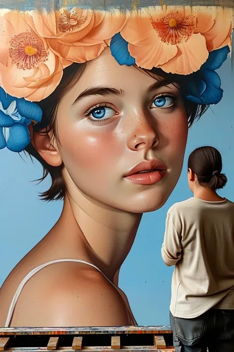 A documentary-style photograph captures an artist in the act of creating a realistic mural portrait of a woman with blue eyes, blonde hair adorned with vibrant blue flowers, and light peach-toned skin. The woman's face is shown in left profile facing right, with her head turned slightly towards the viewer, revealing a neutral expression and subtle blush on her cheeks. The artist, positioned to the right of the mural, has short brown hair and a neatly trimmed beard. He wears a light beige shirt with rolled-up sleeves and a dark gray apron strap visible over his shoulder. His focused expression as he paints with a fine brush reflects his concentration. The mural features intricate details such as the woman's eyelashes, subtle shading around the eye, and delicate highlights on her cheekbone and forehead. The background is plain and neutral, ensuring all attention remains on the artwork and the artist. Natural lighting illuminates the scene evenly, highlighting the textures and colors without casting harsh shadows. The composition creates a dynamic interaction between the creator and his work, emphasizing the creative process and showcasing the beauty of artistic collaboration.