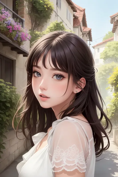 (masterpiece),(best quality:1.0), (ultra highres:1.0), detailed illustration, portrait, detailed, girls, detailed frilled clothes, detailed beautiful skin, face focus, in street, spring, flowers in  balcony,