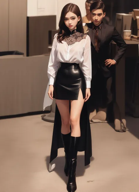 masterpiece, best quality, realistic, (PureErosFace_V1:0.7), 1girl, (chinese,idol,solo,) ************, brown hair,170cm,small size breasts, thin waist, (coiffure, shirt, black suit,  wrap hip skirt, silk scarf, high black lace stockings,  luxury satchel,) (((high sock boots,)))in the office,Matte finish,