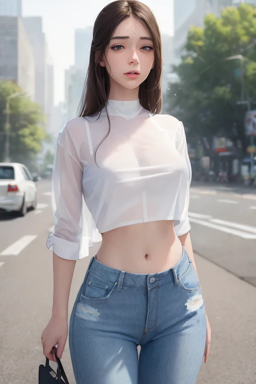 masterpiece, best quality, realistic, 1girl, white shirt, blue jeans, standing, street, see-through, midriff