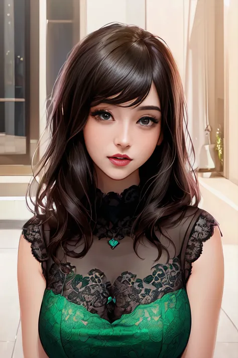(Gorgeous Digital Artwork:1.3) of (Ultra detailed:1.3),(Happy:1.3) (1girl:0.989), (black_hair:0.997), (upper_body:0.999), (green_shirt:0.975), (long_hair:0.959), (solo:0.983), (green_eyes:0.999), (parted_lips:0.999), (bangs:0.999), (breasts:1.00), (medium_breasts:0.999), (straight_hair:0.999),,CGSociety,ArtStation,(CGI Art:1.3),(Hyperrealism:1.3),(Realism:1.3)