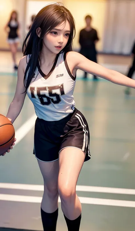 (8k, best quality, masterpiece:1.2), (realistic, photo-realistic:1.37), ultra-detailed,best quality, ultra high res, professional lighting, photon mapping, radiosity, physically-based rendering, cinematic lighting,
basketball court,depth of field, sharp focus,sunbeam, good composition,(bokeh:1.2)
1girl,solo,(full body), (closed mouth),beautiful detailed eyes, pose, narrow waist,basketball uniform,
black hair,messy hair,long hair floating in wind,(ulzzang-6500:1.2)