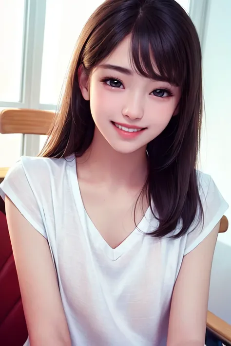masterpiece, best quality, photorealistic, 1girl, smile, teeth, flat bangs, stunning innocent symmetry face, school uniform, black eyes, emotional, ulzzang, (PureErosFace_V1:0.7)