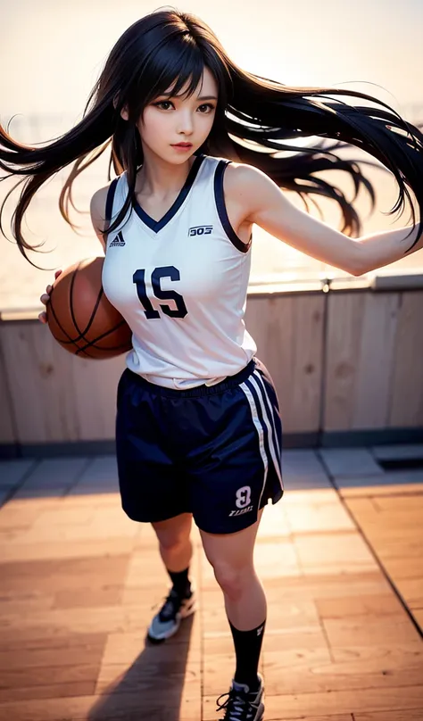 (8k, best quality, masterpiece:1.2), (realistic, photo-realistic:1.37), ultra-detailed,best quality, ultra high res, professional lighting, photon mapping, radiosity, physically-based rendering, cinematic lighting,
basketball court,depth of field, sharp focus,sunbeam, good composition,(bokeh:1.2)
1girl,solo,(full body), (closed mouth),beautiful detailed eyes, pose, narrow waist,basketball uniform,
black hair,messy hair,long hair floating in wind,(ulzzang-6500:1.2)