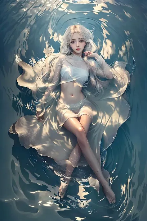 white skin,symmetrical,High detail RAW color photo professional close photograph, [:(highly detail face: 1.2):0.1], (PureErosFace_V1:0.4), twintails, half body, pore, real human skin, a portrait of a 18yo woman bathing in ocean,body contact water and ripple around, reeds,clear and clean water, shiny eyes,looking at viewer, wearing doctor uniforms,  see-through , wet body, wet hair, tindal effect,lens flare,shade, bloom, backlighting, depth of field, natural lighting, hard focus, film grain, photographed with a Sony a9 II Mirrorless Camera, by Laurence Demais<lora:2525JiMikuProject_25jiM:0.3>,