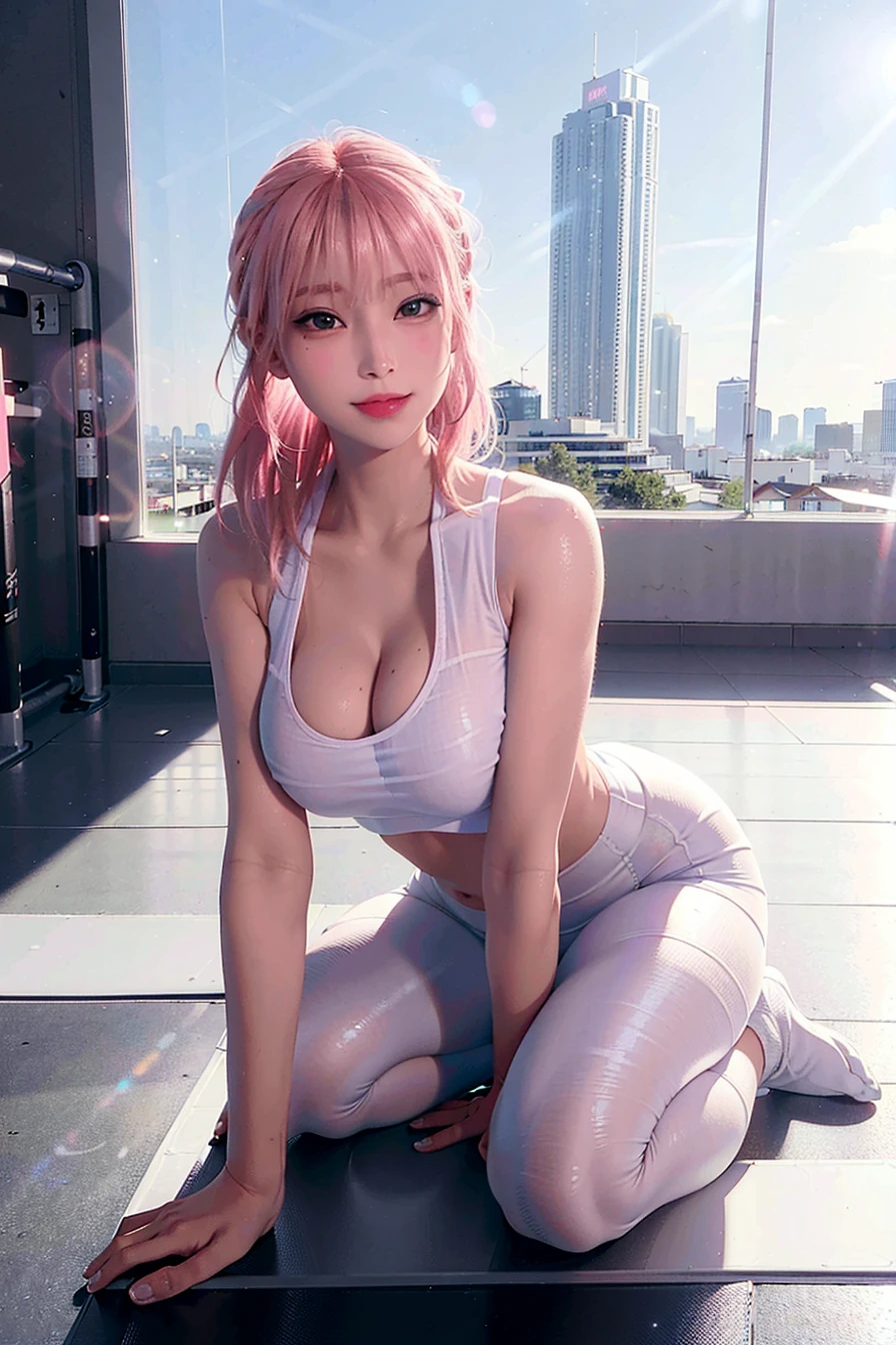 <lora:Korean-doll-likeness:0.66>, best quality, ultra high res, (photorealistic:1.4), 1girl, (white sports bra, see through, transparent), (yoga pants:1), big breasts, looking at viewer, smiling, cute, full body, gym room,(platinum pink hair:1)