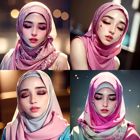 best quality, ultra high res, (high detailed skin:1.2), RAW photo, masterpiece,(wearing hijab:1.1), [:(detailed face:1.2):0.2], closed eyes, thick eyebrows, pink lips, eye shadow, close mouth, full body, dslr, soft lighting, high quality, film grain, Fujifilm XT3 8k uhd, bokeh