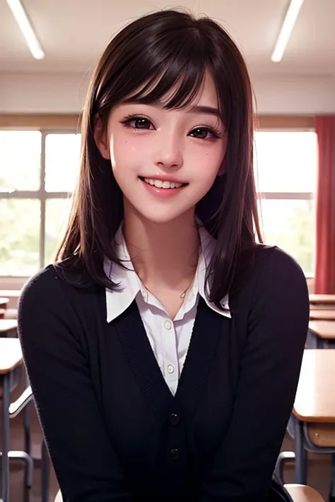 masterpiece, best quality, photorealistic, 1girl, smile, teeth, flat bangs, stunning innocent symmetry face, school uniform, black eyes, emotional, ulzzang, (PureErosFace_V1:0.7)
