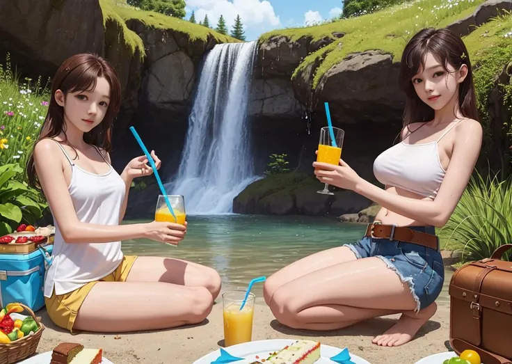 masterpiece, best quality, ultra-detailed, photorealistic, realistic, 4K, 2girls, looking at viewer, solo, outdoors, medium breasts, narrow waist, white camisole, short shorts,leather belt, sneakers beside,barefoot, juice, cake, chicken \(food\), waterbottel,leather backpack beside, fantastic, forrest, waterfall in background, blury background, flying butterfly, sunlight, snowmountain, cloudy sky, rainbow, long hair, focus on the girl, pureerosface_v1, wet ground, reflective water, food, picnic basket, picnic, kneeling,
