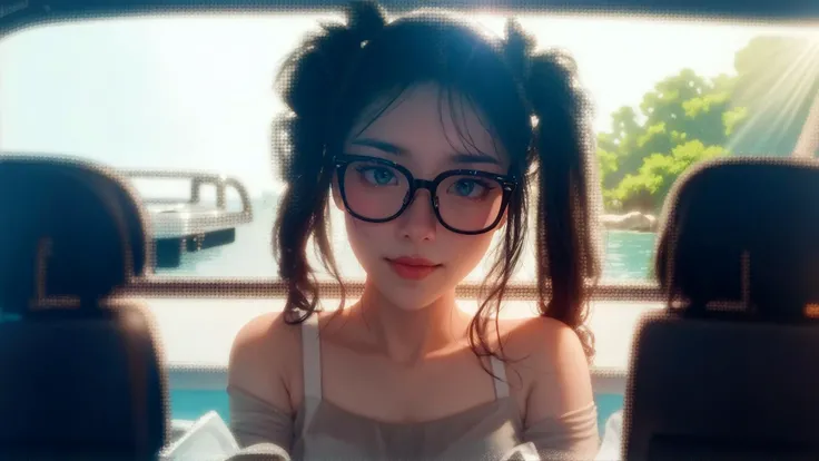 white skin,symmetrical,High detail RAW color photo professional close photograph, (highly detail face: 1.2), twintails, half body, pore, real human skin, a portrait of a 18yo woman bathing in ocean,body contact water and ripple around, reeds,clear and clean water, shiny eyes,looking at viewer, wearing doctor uniforms, see-through , wet body, wet hair, tindal effect,lens flare,shade, bloom, backlighting, depth of field, natural lighting, hard focus, film grain, photographed with a Sony a9 II Mirrorless Camera, by Laurence Demais, (pureerosface_v1:0.4), (ulzzang-6500:0.4), <lora:jbll:0.7> black-framed eyewear,