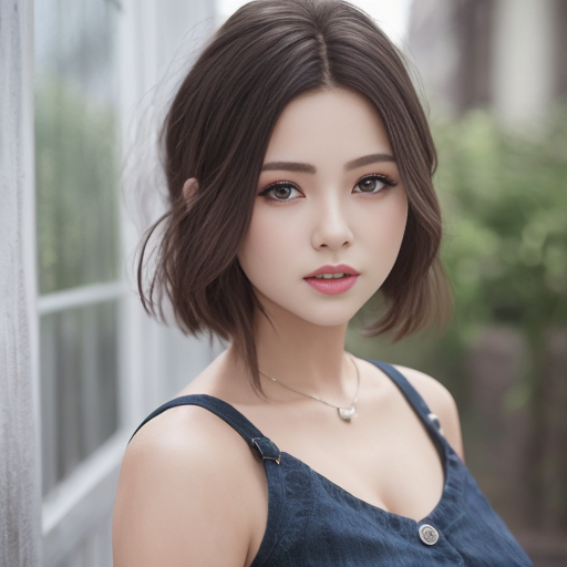 A woman with a short hair and a blue dress posing for a picture - SeaArt AI