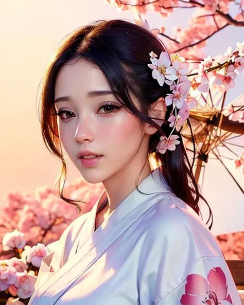 beautiful girl with cherry blossom, white_yukata, masterpiece,best quality,official art,extremely detailed 8k wallpaper, ultra high res, (photorealistic:1.4), highres, detail, best quality, hyperdetailed,