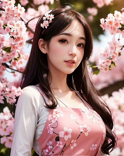 beautiful girl with cherry blossom, white apron, masterpiece,best quality,official art,extremely detailed 8k wallpaper, ultra high res, (photorealistic:1.4), highres, detail, best quality, hyperdetailed,