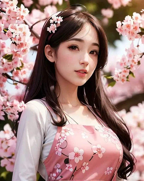 beautiful girl with cherry blossom, white apron, masterpiece,best quality,official art,extremely detailed 8k wallpaper, ultra high res, (photorealistic:1.4),  highres, detail, best quality, hyperdetailed,