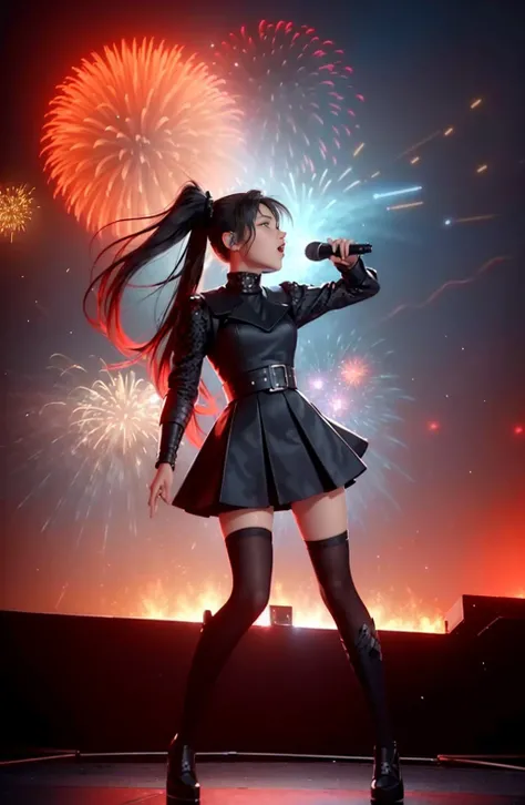 masterpiece, best quality, 1girl, detailed, fullbody, black red hair, concert, stage, singing, electric guitar, black red dress, exotic, firework behind, ponytail, metal subculture, babymetal, tsu