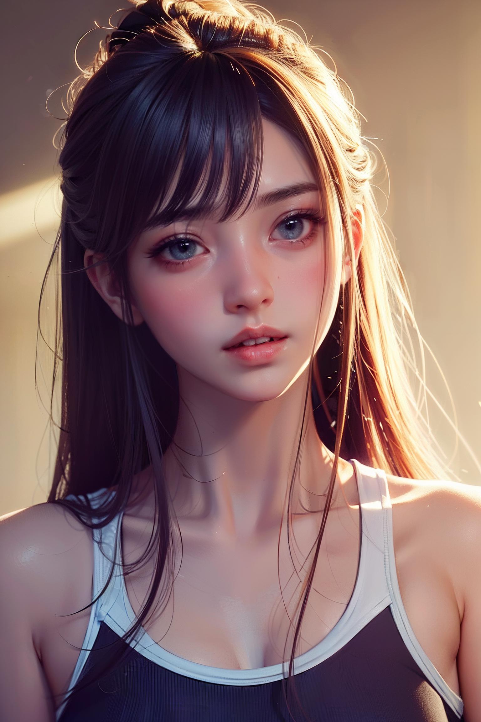 A woman with long hair and a black top posing for a picture - SeaArt AI