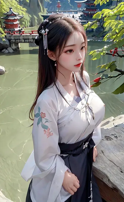 upper body,masterpiece, best quality,(photorealistic:1.4), highres, long hair, jewelry hairpin, large breast, riverside and rock or temple or bridge,
hanstyle, han clothing, hanfu, see-through,
<lora:hanfu_v28:0.7>, <lora:koreanDollLikeness_v15:0.5>,