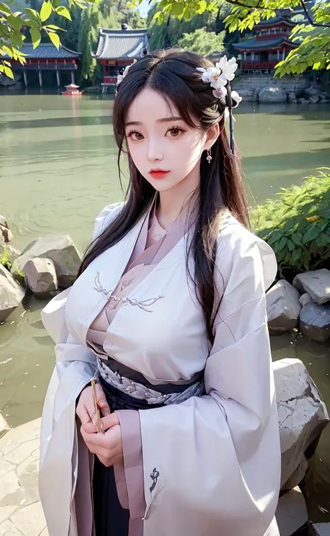 upper body,masterpiece, best quality,(photorealistic:1.4), highres, long hair, jewelry hairpin, large breast, riverside and rock or temple or bridge,
hanstyle, han clothing, hanfu, see-through, 
 <lora:hanfu_v28:0.7>, <lora:koreanDollLikeness_v15:0.5>,