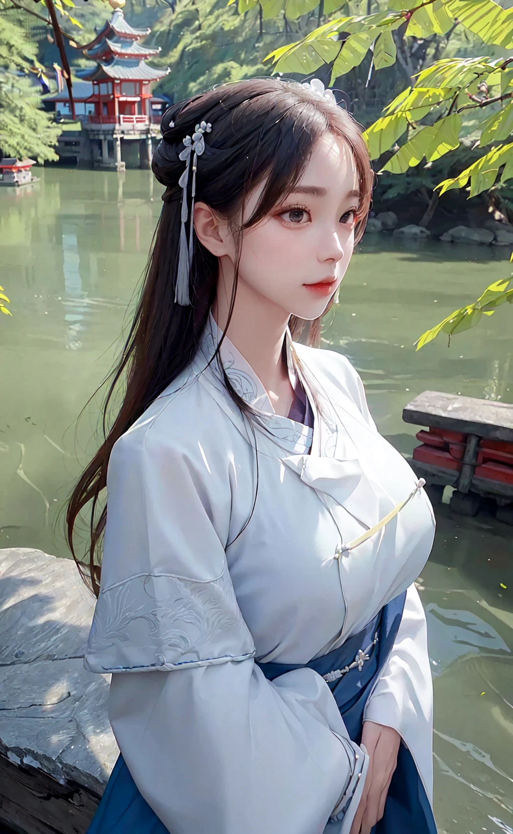 upper body,masterpiece, best quality,(photorealistic:1.4), highres, long hair, jewelry hairpin, large breast, riverside and rock or temple or bridge,
hanstyle, han clothing, hanfu, see-through,
<lora:hanfu_v28:0.7>, <lora:koreanDollLikeness_v15:0.5>,