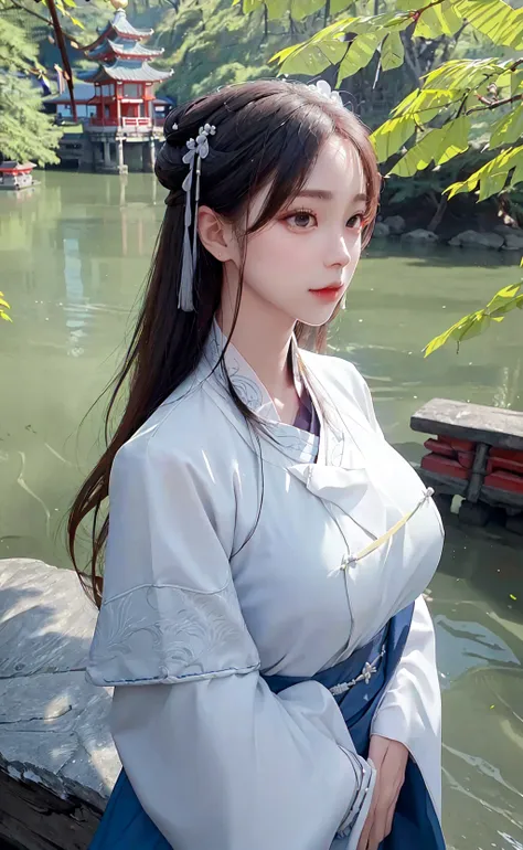 upper body,masterpiece, best quality,(photorealistic:1.4), highres, long hair, jewelry hairpin, large breast, riverside and rock or temple or bridge,
hanstyle, han clothing, hanfu, see-through, 
 <lora:hanfu_v28:0.7>, <lora:koreanDollLikeness_v15:0.5>,