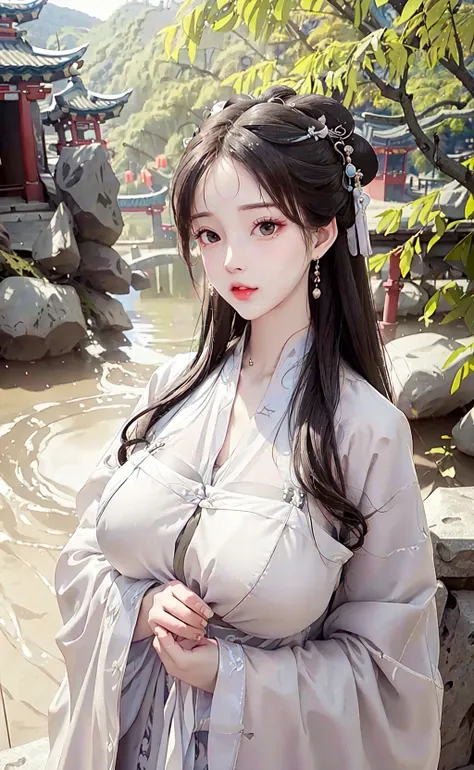 upper body,masterpiece, best quality,(photorealistic:1.4), highres, long hair, jewelry hairpin, large breast, riverside and rock or temple or bridge,
hanstyle, han clothing, hanfu, see-through, 
<lora:Moxin_101 0.85down :0.3>, <lora:hanfu_v28:0.7>, <lora:koreanDollLikeness_v15:0.5>,