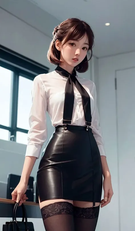 masterpiece, best quality, realistic, ultra-detailed, detailed,1 girl,(asian,idol,solo,collar,thin waist, small size breases,updo, brown hair,) (PureErosFace_V1:0.7) (coiffure, shirt, black suit,  wrap hip skirt, silk scarf, high black lace stockings,  luxury satchel,)in the office,Matte finish,Colleagues,Take off half of the clothes,ulzzang,nsfw,