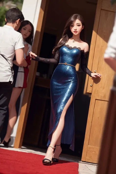 masterpiece, best quality, realistic, ultra-detailed, detailed,1 girl,(asian,idol,solo,collar,thin waist, small size breases,long hair, brown hair,)(long evening dress, stockings, high heels, clutch, lace gloves, loose,)Color_Navy Blue_White_Burgundy_Black_Gold,During the banquet, many celebrities,random view,  (PureErosFace_V1:0.7)