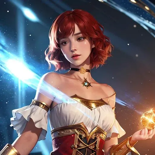 masterpiece, best quality, highres, visual key, european girl, 1girl, solo, detailed face, detailed short red hair, bangs, detailed eyes, gold eyes, choker, fantasy clothing, magician, wizard, standing, standing in fantasy town center, floating magical lights, dynamic angle