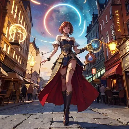 masterpiece, best quality, highres, visual key, illustration, 1girl, solo, detailed short red hair, bangs, detailed gold eyes, choker, fantasy clothing, magician, wizard, standing, standing in fantasy town center, floating magical lights, full body, ulzzang, pureerosface_v1