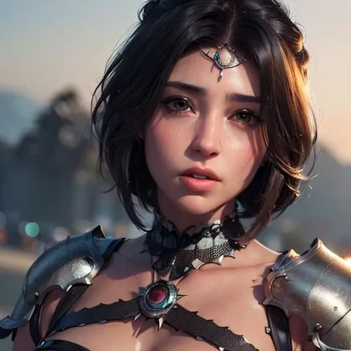 (8k, RAW photo, best quality, masterpiece:1.2), (realistic, photo-realistic:1.37), (short  black bob hair women), Fantasy warrior princess armor with metallic accents and intricate detailing