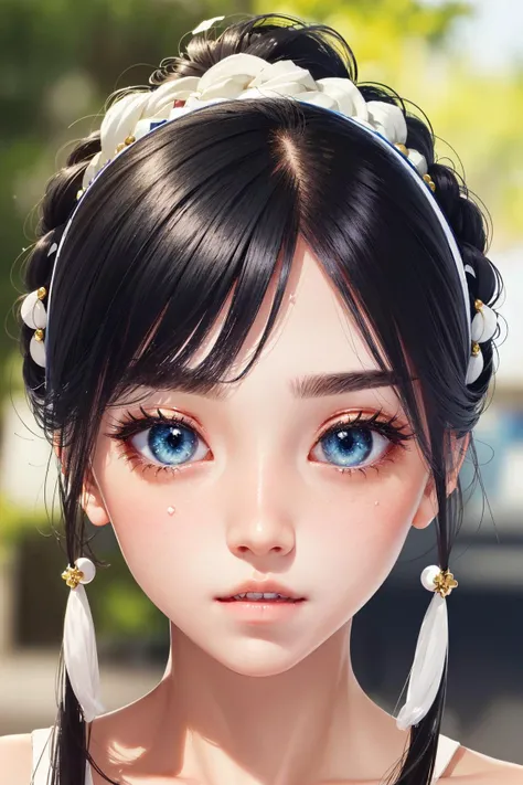 1girl, solo focus, teenage girl, skin imperfection, white skin, perfect face, puffy face, beautiful face, big eyes, puffy eyes, aqua eyes, perfect eyes, eyelashes, absurdly long braided ponytail black hair