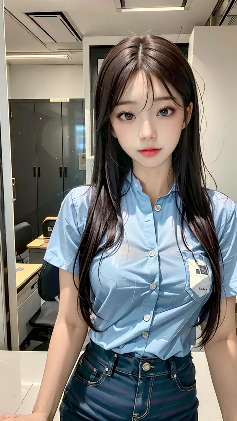 masterpiece, best quality, photorealistic, ultra highres, (korean cute girl), <lora:koreandolllikenessV20_v20:0.3>, office girl, slim-fit pants, shirt