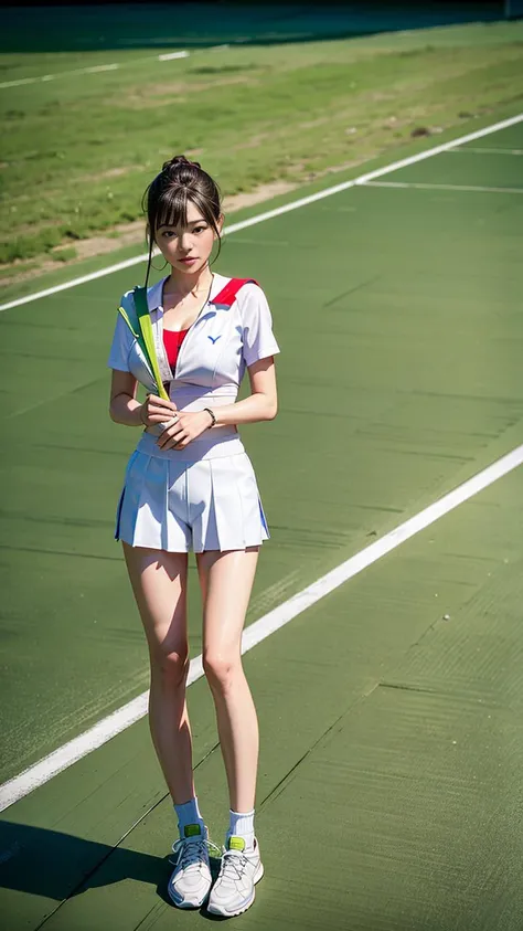 photo-realistic,realistic,RAW photo,masterpiece,best quality,highres,illustration,symmetrical,(full body:1.5), 1girl,(wearing tennis_outfit),tennis field,(cleavage:1),delicate and pretty,perfect face,beautiful detailed eyes,fair skin,real human skin,pore,(medium_breasts:1.2),narrow waist,((skinny legs)), half-up,(Dark brown hair),