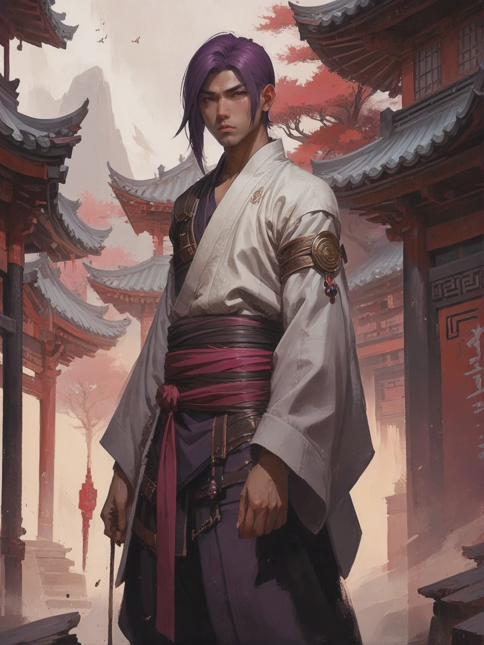 digital painting, (full body:1.2), 1boy, man, bishounen, solo, [:fantastical costume design,:0.2] monk, korean, darkmagenta hair, (average:1) build, forever,ghostly fantasy arcology at the end of the multiverse<lora:EnvyStarlightGritty01:1>