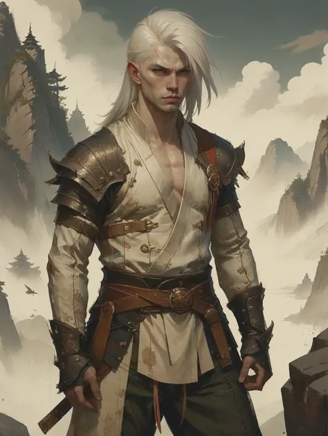 digital painting, (full body:1.2), 1boy, man, masculine, solo, [:outlandish costume design,:0.2] warlord, (china dress:1.2), silk pajamas, albino, darkkhaki hair, (slim:1) build, Mountain<lora:EnvyStarlightGritty01:1>