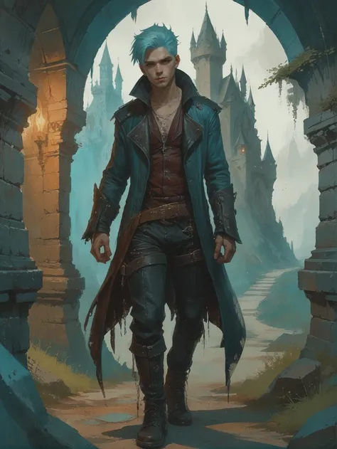 digital painting, (full body:1.2), 1boy, man, ruggedly handsome, solo, [:fantastical costume design,:0.2] wizard, (leather jacket:1.2), caucasian, lightcyan hair, (athletic:1) build, ghostly,subterranean fantasy settlement in a Vampire's Castle Grounds<lora:EnvyStarlightGritty01:1>