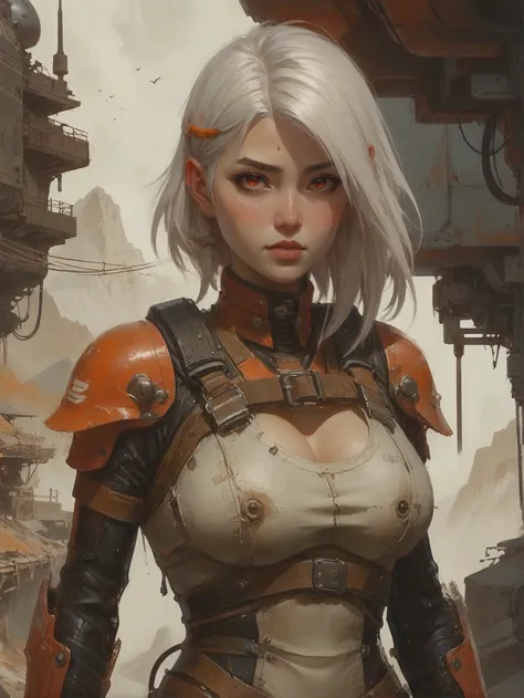 anime style digital painting, 1girl, woman, (morning steely ghost:1.3), pose, (power armor:1.2) [:outlandish costume design:0.2], bombshell hair, white hair with red-orange highlights, side braid, neon darkkhaki clothes, toned hourglass figure, (asian:1.3), seductive smile, space cargo dock in a epic,abandoned fantasy mountainside arcology edge of the multiverse, masterpiece, by Maxim Revin<lora:EnvyStarlightGritty01:1>