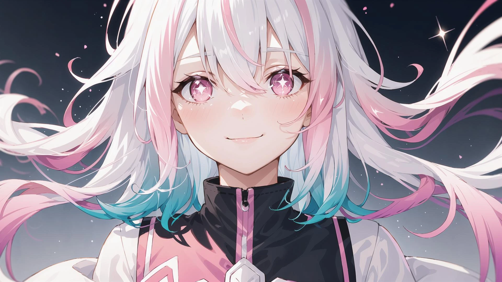 (1 girl with white hair and pink eyes), Long hair, ((White hair)), ((Pink hair)), (Gradient hair:1.5), Sparkling eyes, Bright pupils, Smile, (closed mouth), Dynamic Pose