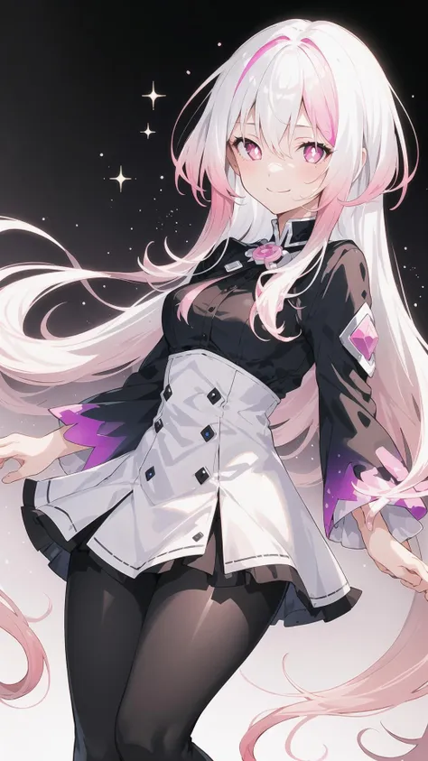 (1 girl with white hair and pink eyes), Long hair, ((White hair)), ((Pink hair)), (Gradient hair:1.5), Sparkling eyes, Bright pupils, Smile, (closed mouth), Dynamic Pose