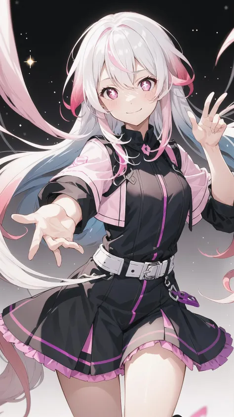 (1 girl with white hair and pink eyes), Long hair, ((White hair)), ((Pink hair)), (Gradient hair:1.5), Sparkling eyes, Bright pupils, Smile, (closed mouth), Dynamic Pose