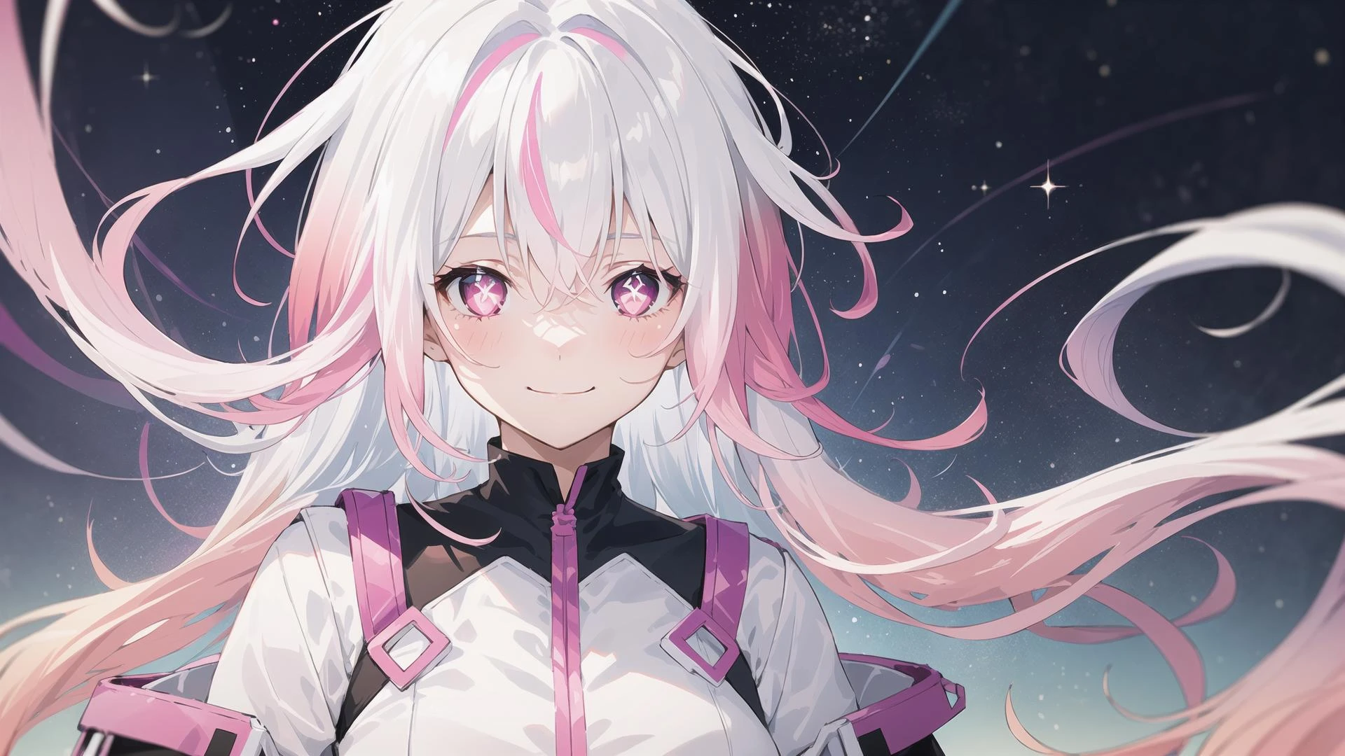 (1 girl with white hair and pink eyes), Long hair, ((White hair)), ((Pink hair)), (Gradient hair:1.5), Sparkling eyes, Bright pupils, Smile, (closed mouth), Space,