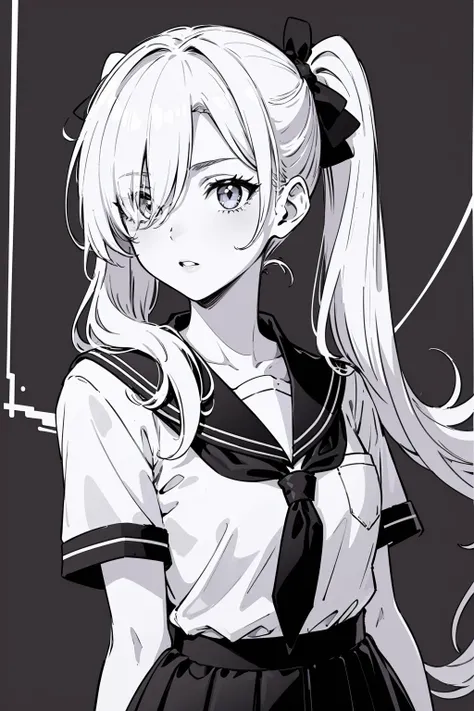 (1 girl), (Long hair), Hair over one eye, School uniform shirt, high waist skirt, Monochrome, Lines, Cross, ((Liner background)), Twin pony tails, ((Inverted colors))