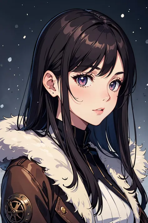 (1 girl), Long hair, black hair, Brushed hair, (Straightened hair), ((mature)), portrait, Winter clothing, steampunk city