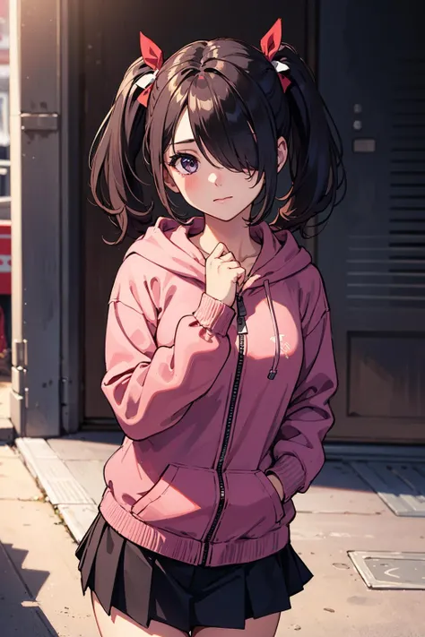 (1 girl), Long hair, ((twin ponytails)), Hair over one eye, Hoodie, short skirt, closed mouth, detailed background