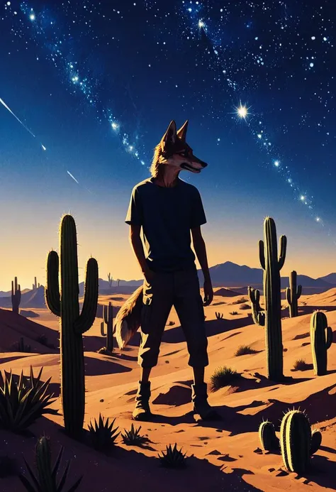 score9,score8up,score7up,score6up, Desert's starry night, Cactus silhouette stands tall, Coyote's distant howl