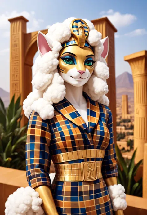 score9, score8up, score7up, score6up, score5up, score4up, beautiful anthro Bastet (Egyptian Cat Goddess) portrait, sourcefurry, Wool flannel, bronze and teal, Island
