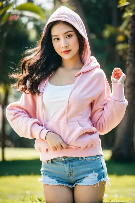 26 years old woman, milf, at park, (pink hoodie), RAW photo, (photorealistic: 1. 37, realistic), highly detailed CG unified 8K wallpapers, 1girl, large breast, looking at viewer, (((straight from front))), (HQ skin:1.2, shiny skin), 8k uhd, dslr, soft lighting, high quality, film grain, Fujifilm XT3, ((dynamic pose:1.2)) ((full body:0.6)), <lora:anyageraldine_v1.0:0.9> anyageraldine
