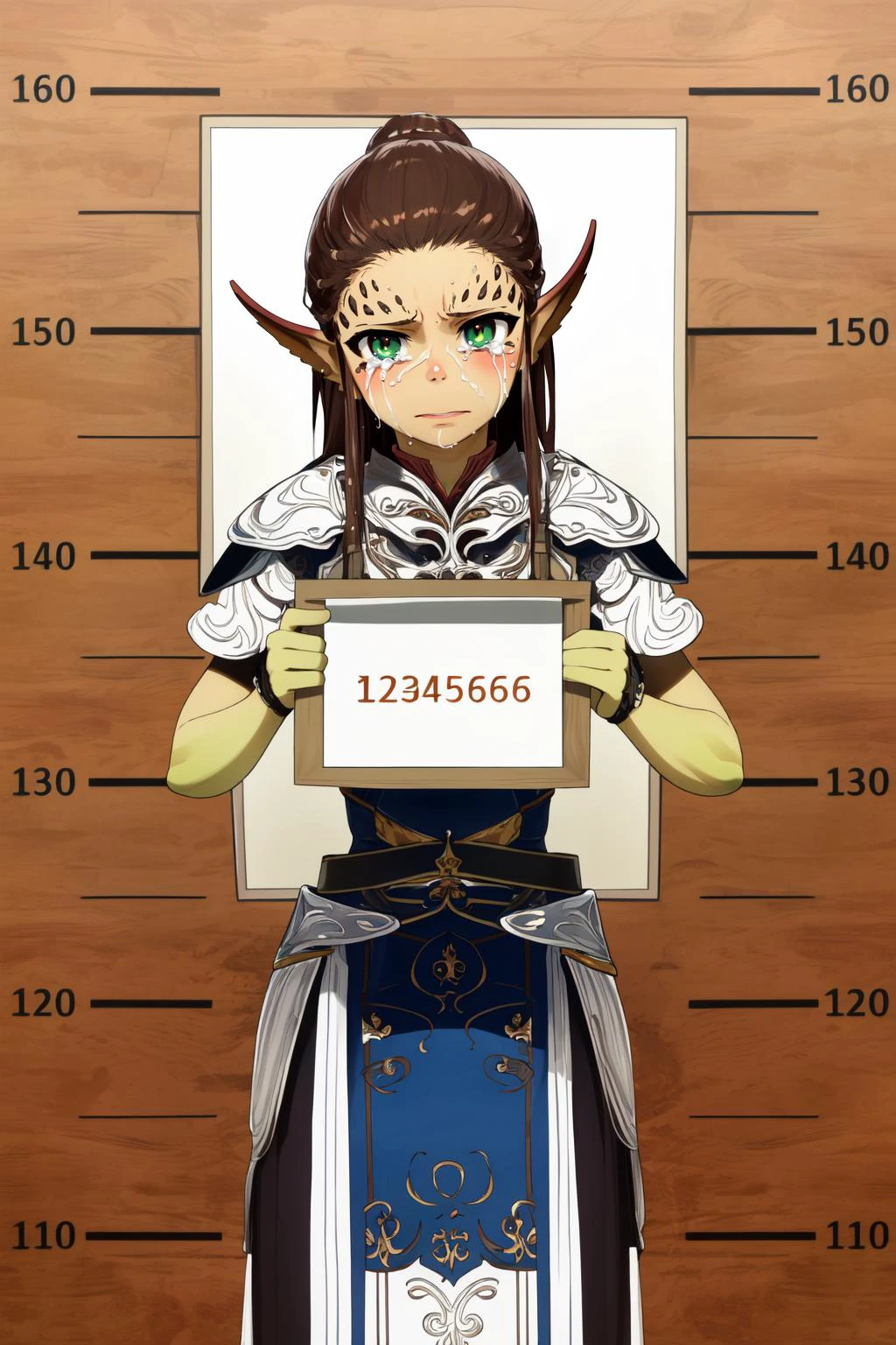 (masterpiece, best quality), intricate details,
1girl, <lora:Definitive_Laezel_v1.2:0.8> Lae'zel, green skin,
<lora:furthermore:0.4> mug shot, crying, tears, holding sign,